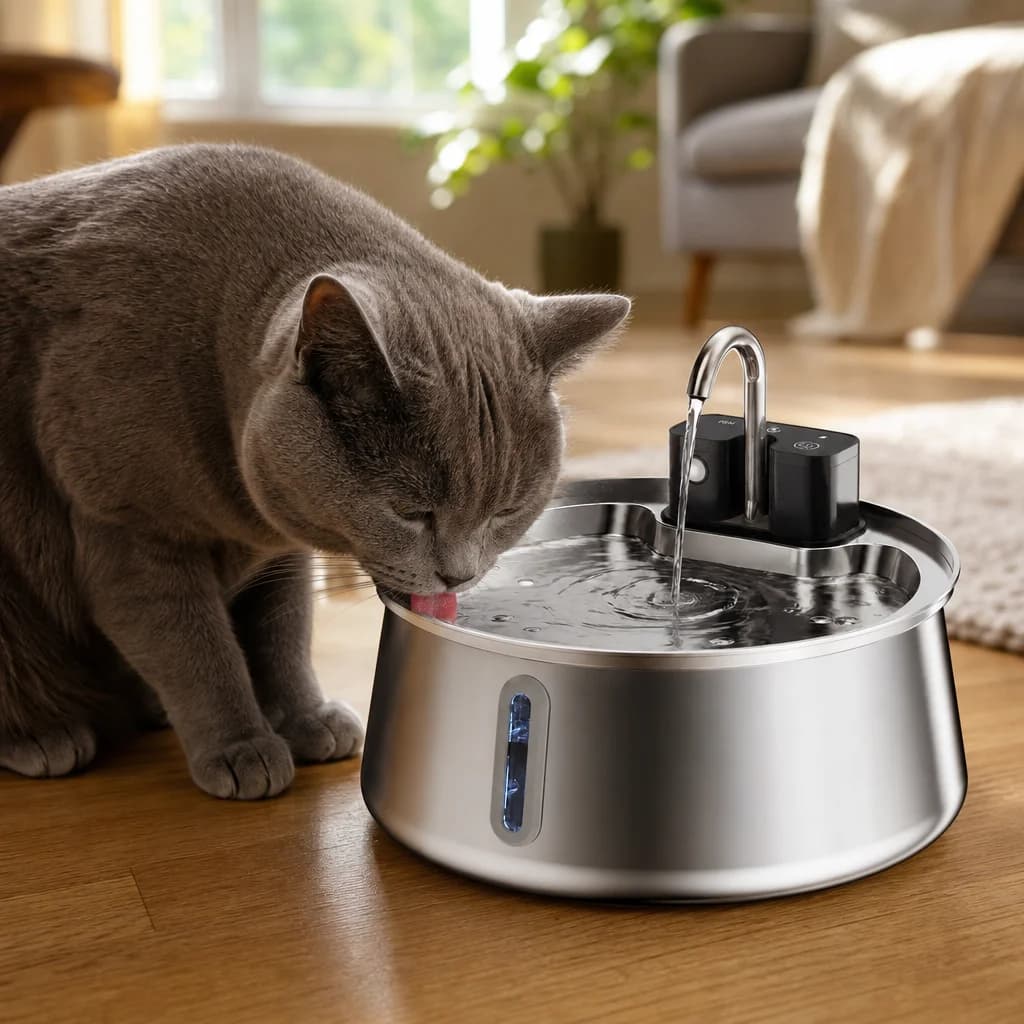 A cat drinking from the Purrspring fountain at home