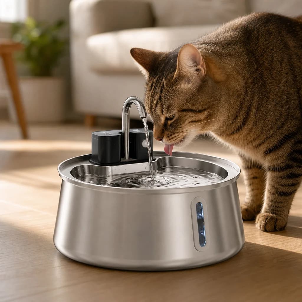 Close-up of a cat lapping water from the Purrspring fountain